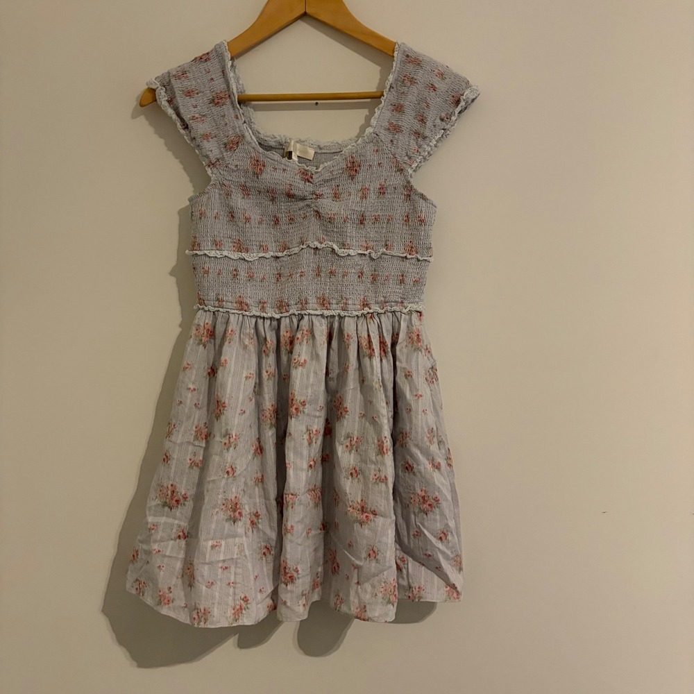 LoveShackFancy Blue Floral Smocked Cotton Mini Dress D2582-2413 Medium